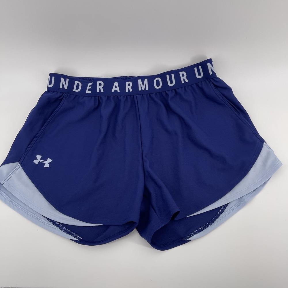 Under Armour Athletic Shorts Womens M Blue HeatGear Logo Waistband Running